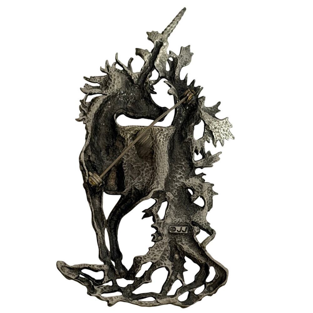 JJ Vintage Unicorn Pewter Brooch Blue Enamel Fantasy Statement Pin - Picture 8 of 11